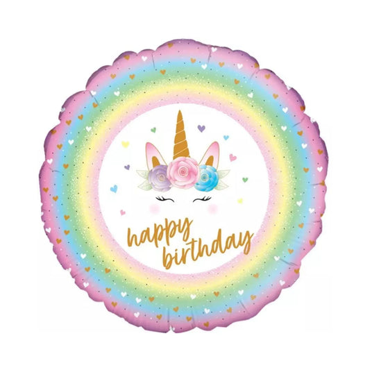 Ballon Happy Birthday licorne arc-en-ciel 18" pastel
